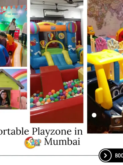 A collage of portable playzones in Mumbai, featuring a girl waving from a playhouse, a large bouncy castle with a ball pit, and a close-up of ride-on toys. It captures the essence of the fun I provide.