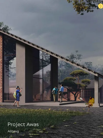 A rendering of 'Project Awas' in Alibag, a future art village and home for an art connoisseur. The design uses a sloping roof and large glass walls to connect the interior with the natural passage of water that runs through the site.