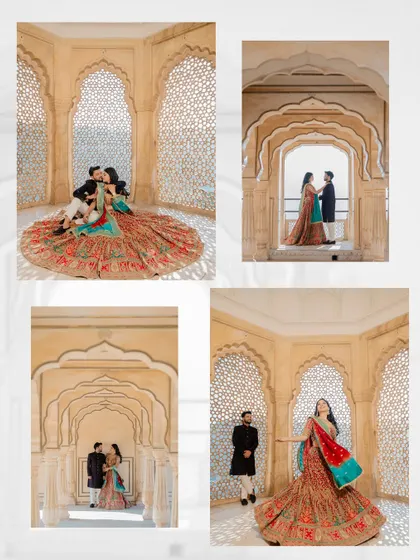 A collage of Mukesh and Jagrity's pre-wedding shoot inside the jali windows of Amer Fort, showing a variety of poses from playful to romantic.