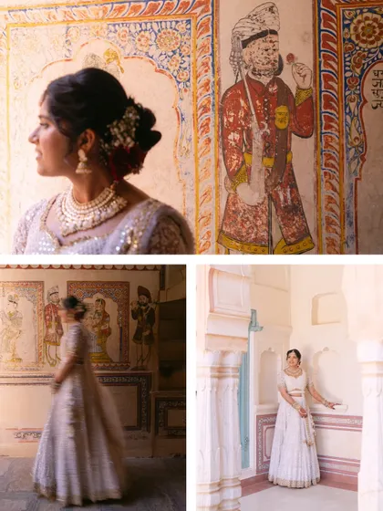 A collage of the bride in her elegant white lehenga, posing against the beautiful frescoes and architecture of a Rajasthani haveli.