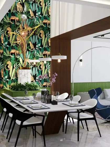 This open-plan living and dining area is the heart of the home. The design ensures that whether you are cooking, dining, or relaxing, the family remains connected. The bold, nature-inspired wallpaper and the sculptural centerpiece create a luxurious yet welcoming environment for shared experiences.