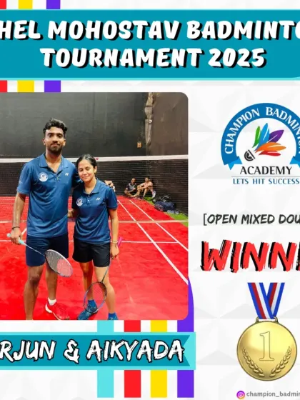 Another win at the Khel Mohostav tournament. We congratulate our trainees Arjun Suresh and Aikyada Gurav for securing the gold medal in the Open Mixed Doubles category.