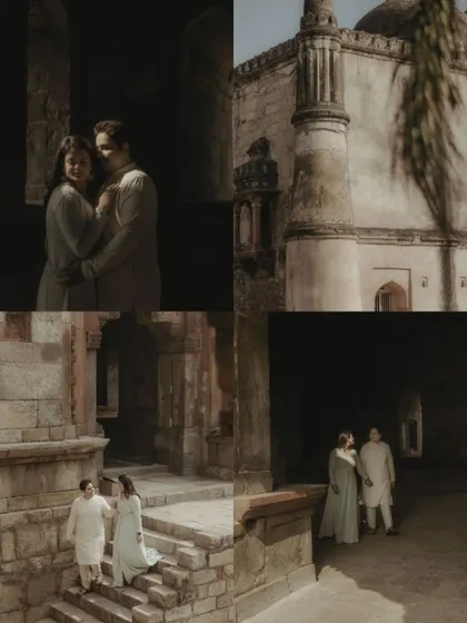 A collage showing different moments from Akshay and Bani's heritage pre-wedding shoot, from walking down ancient steps to quiet embraces in shadowed corners.