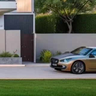 A view of the villa's entrance, showcasing a paved driveway and integrated landscaping. The design considers vehicle access and parking while maintaining a green and welcoming aesthetic with hedges and a manicured lawn.