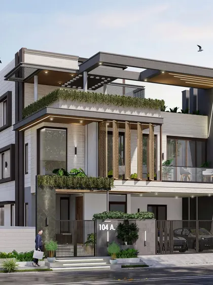 Another perspective of the 50x80 duplex, showing the layered facade with its prominent pergolas and green-filled balconies. The design includes a double-height living space and a fashion designer's studio.