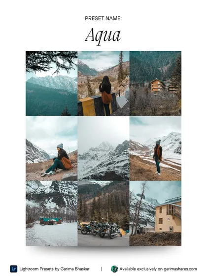 A collage showcasing the 'Aqua' preset on various snowy and mountainous landscapes, demonstrating its strength in cool environments.