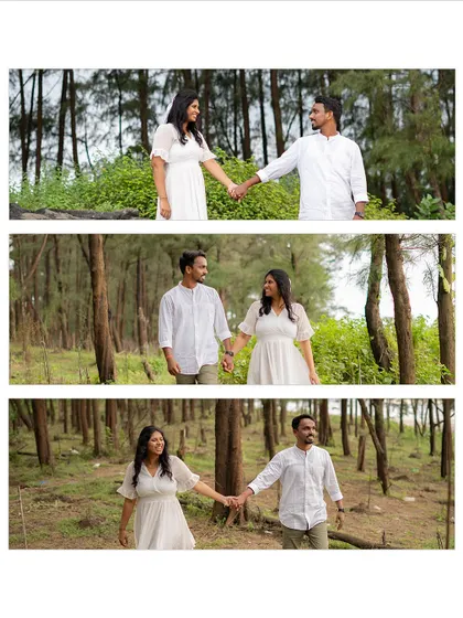 A three-photo story of a couple walking hand-in-hand through a forest path, dressed in white. This pre-wedding series captures the progression of a romantic stroll.