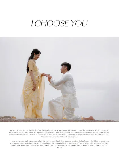 A classic proposal shot with a text overlay, capturing the moment he asks for her hand against a simple, elegant backdrop at Melukote.
