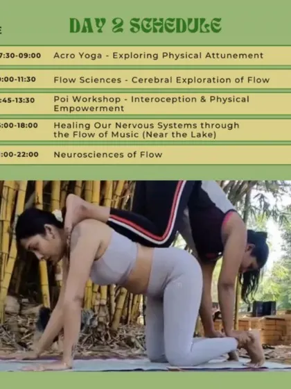 The detailed schedule for Day 2 of our Flow Fest. My Acro Yoga session focuses on exploring physical attunement between partners, followed by other workshops on flow science and nervous system healing.