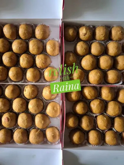 Besan Laddoos packed for Ganpati. Their longer shelf life makes them a convenient and popular choice for festival gifting.