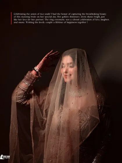A mysterious and elegant portrait of bride Ekta with her face partially covered by a sheer veil.