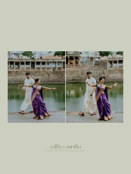 An album layout capturing the couple in a playful, dance-like pose by a temple pond, showcasing their joy and the beauty of the historic location.
