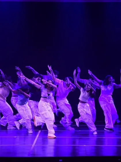The entire advanced batch on stage during Manch 24, showcasing the scale of our productions. Every student gets the chance to be part of a large, professionally choreographed group performance.