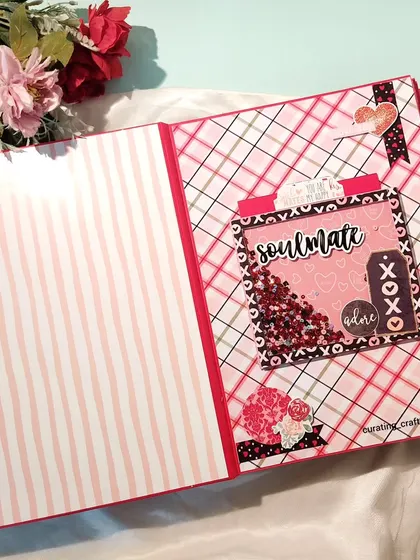 An inside page of a large A4 anniversary scrapbook, with a "soulmate" shaker element.