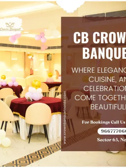 We bring elegance, cuisine, and celebrations together beautifully. This image showcases a different color scheme, with tables dressed in rich red cloths and accented with simple balloon centerpieces for a classic party look.