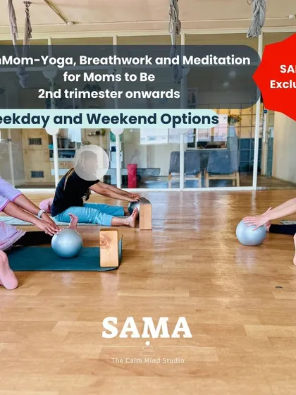 The CalmMom program is a safe and supportive space for mothers to be. I guide you through gentle prenatal yoga and breathwork, using props for comfort, to help you connect with your changing body and your baby from the second trimester onwards.