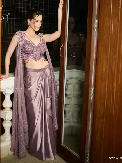 A full view of the lavender draped crop top, a regal and luxurious piece for any special occasion.