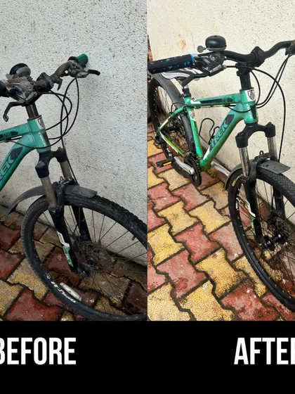 This green Trek bike came in for some much needed care. The before and after shows a transformation from a dirty, weathered bike to a clean and serviced machine.
