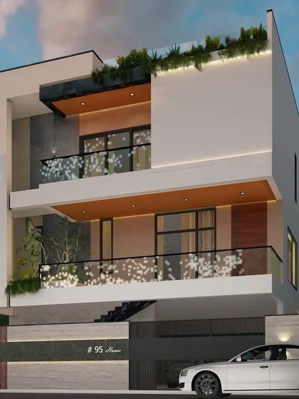 A modern residential facade where cantilevered balconies create a sense of lightness. I've used planters along the balcony edges to introduce greenery at every level of the home.