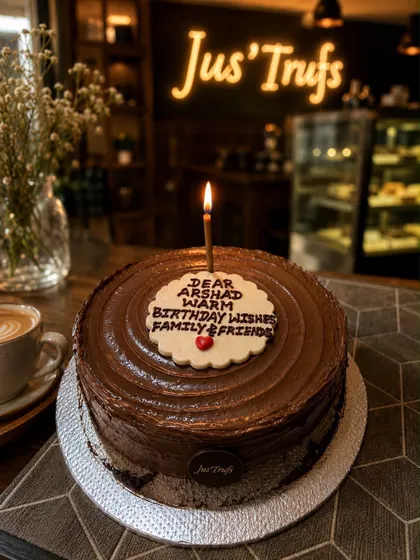 Our round chocolate birthday cake carries a piped message and a single candle, photographed at the Jakkur café.