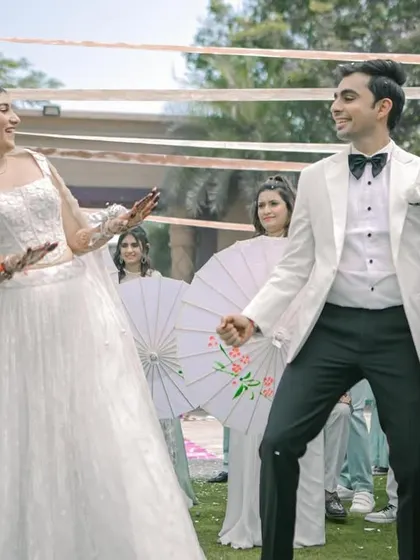 Who knew walking could be this much fun? A choreographed entry for the couple's engagement party.