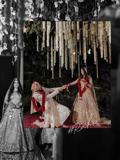 A creative edit of the varmala moment, capturing the fun and playful dynamic of the couple.