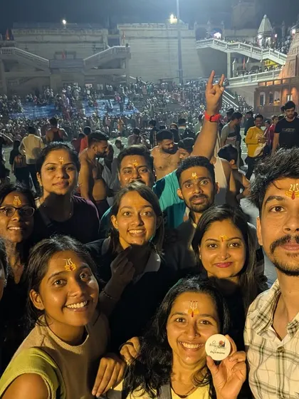Experiencing the divine Ganga Aarti together. Our group soaking in the vibrant and spiritual atmosphere at Har Ki Pauri in Haridwar, a key part of our itinerary.