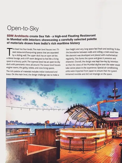 A published report in MGS Architecture + Interior Design covering the Queensline Sea Yah. The feature focused on the open-to-sky upper deck and the carefully selected palette of materials that draw from India's rich maritime history.