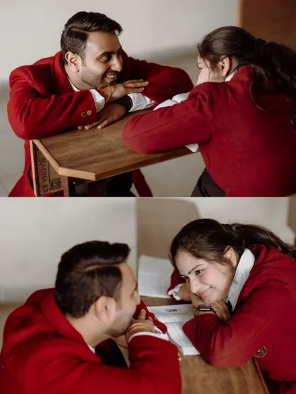 Leaning over a desk, lost in conversation. We love creating unique, themed pre-wedding shoots that tell a specific story about the couple.
