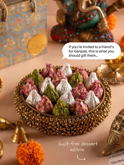 A beautiful platter of our assorted modaks, perfect for serving guests or as a thoughtful gift when visiting friends and family for Ganpati.
