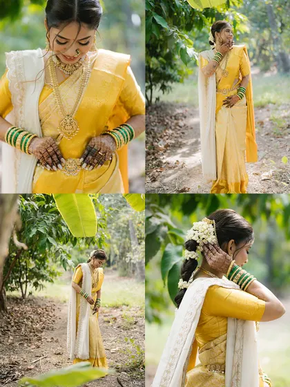 A collage of the bride in her beautiful yellow and white saree. These portraits capture her elegance from different angles as she gets ready for her big day.