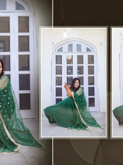A beautiful album spread featuring a woman in a green outfit during her Mehndi photoshoot.