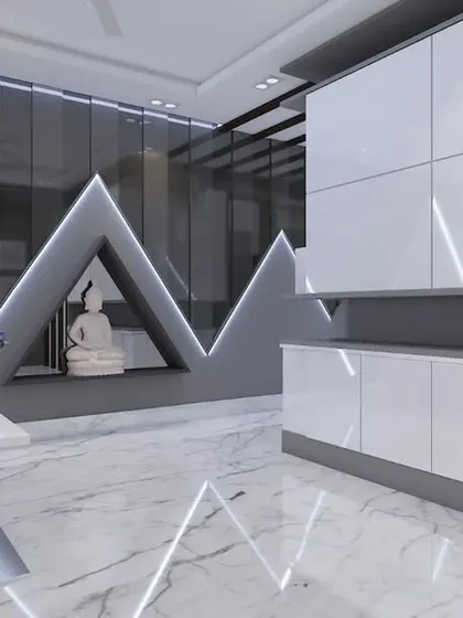 A unique design feature with triangular niches for decor, adding a geometric and artistic touch to the living room.