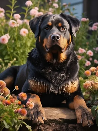 Bholu the Rottweiler looking handsome among the flowers. He's a gentle giant and a wonderful guest.