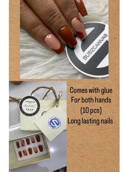This is what you get with every order: a full set of 10 handmade, long-lasting press-on nails, application glue, and my signature Subzcanvas packaging. This set shows a modern French tip design in a rich brown.