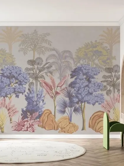 A soft and colorful panoramic mural of a fantasy forest, perfect for creating a dreamy and imaginative space.