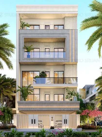A 3D render for a 200 sq. yard home in Bali Nagar, New Delhi. The design is characterized by a large, framed "punched-out" balcony on the second floor, creating a bold architectural feature.