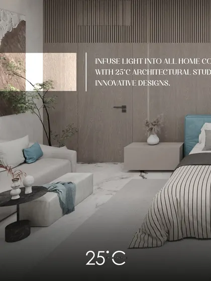 This image highlights our use of innovative design to infuse light into every corner. The bedroom features a soft, neutral palette, a textured art piece, and a mix of materials to create a bright and welcoming space.