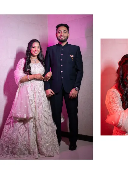 A stylish collage from an engagement party, showing the couple's full outfits and a close-up portrait of the bride.