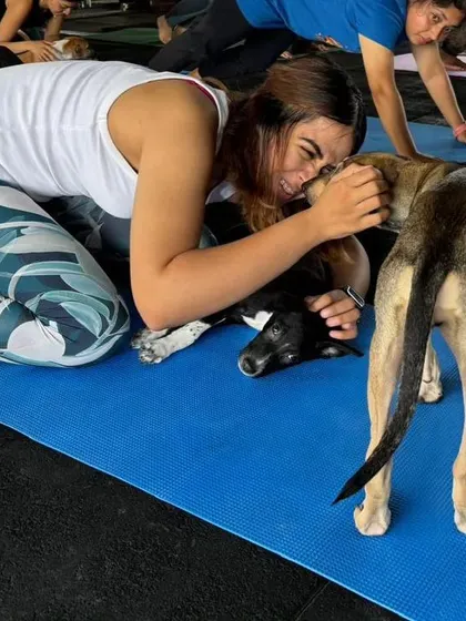 Puppy kisses are the best part of puppy yoga. We are so grateful for these events that give our pups much-needed visibility.