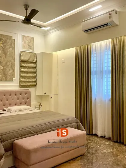This angle highlights the beautiful curtains and dressing table area, showing how every element in the room is coordinated to create a harmonious and luxurious space.