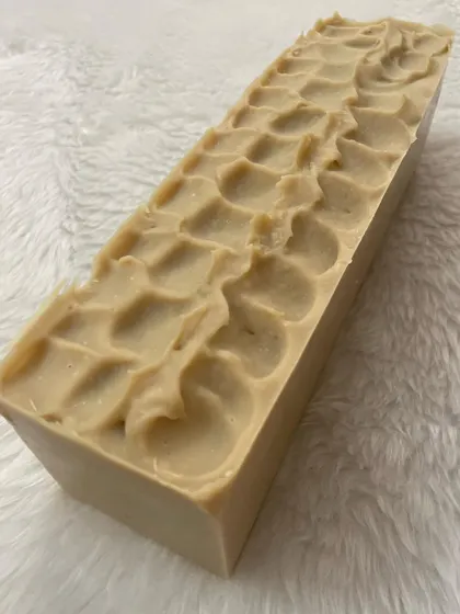 A full loaf of my cold process Multani Mitti soap, enriched with nourishing Avocado butter. The textured top is a signature of my handmade loaves before they are cut.