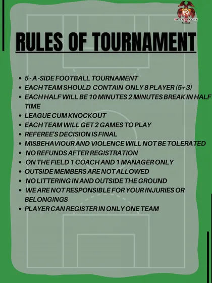 Announcing the "Playsmart Glory Cup"! This graphic outlines the rules for our 5-a-side tournament, where teams can join the battle for glory and a cash prize.