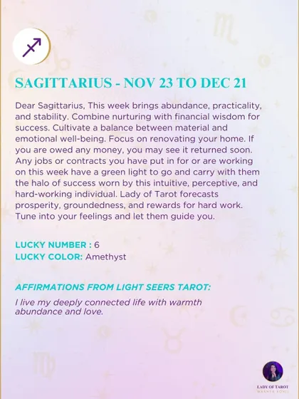 This week's tarot guidance for Sagittarius. The cards indicate a time of abundance, practicality, and stability, with a green light for jobs and contracts.