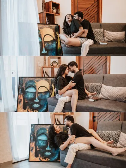 A duplicate of the playful triptych on the sofa, capturing the full sequence of their interaction.