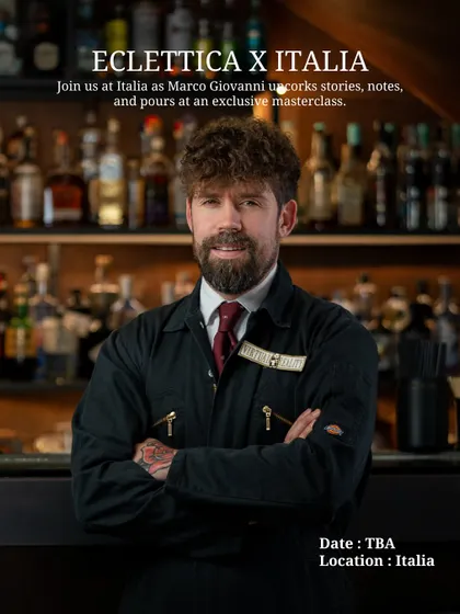 An announcement for an exclusive masterclass with award-winning mixologist Marco Giovanni. Guests can join him at Italia to uncork stories, notes, and pours.