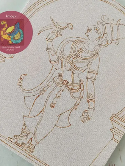 The brown outline of the standing Meenakshi painting, with some yellow details added.