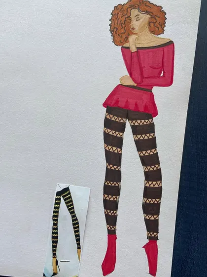 A fashion illustration inspired by a reference image, showing an off-shoulder top and patterned leggings.