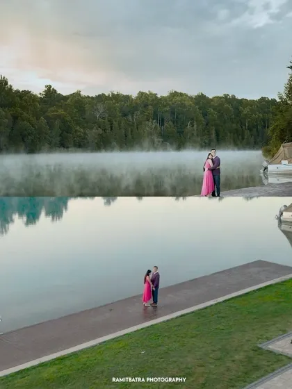 A couple embraces by a misty lake at sunrise in Upstate New York, a serene and romantic pre-wedding portrait.