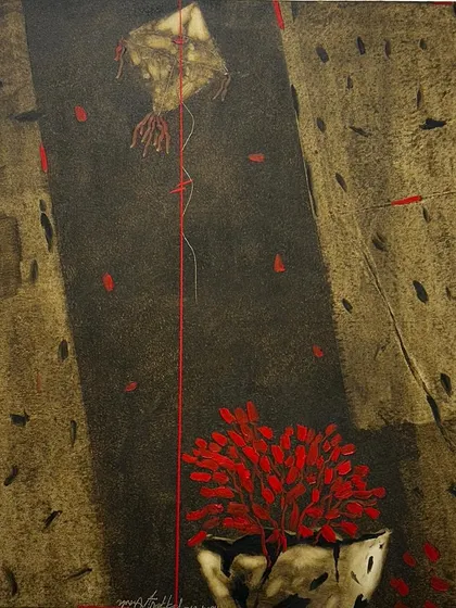 In this work by Yusuf Arakkal, a kite is tethered to a pot of vibrant red flowers, set against a stark, urban-like background. The artist questions our superficial notions of beauty, finding it instead in shattered fragments and solitude.